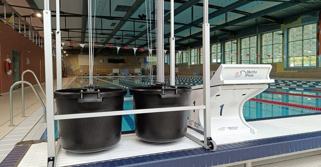 View of swimming pool with a Destro Machine