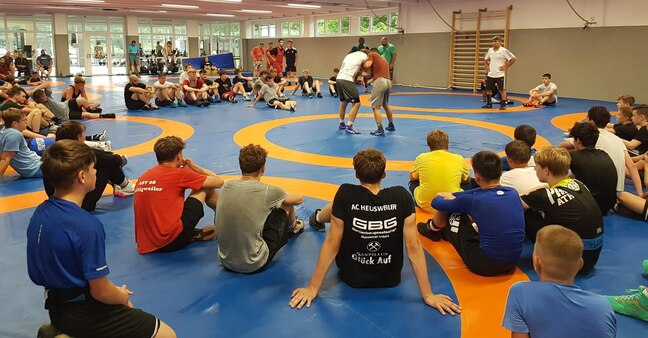 View of the wrestling hall with athletes